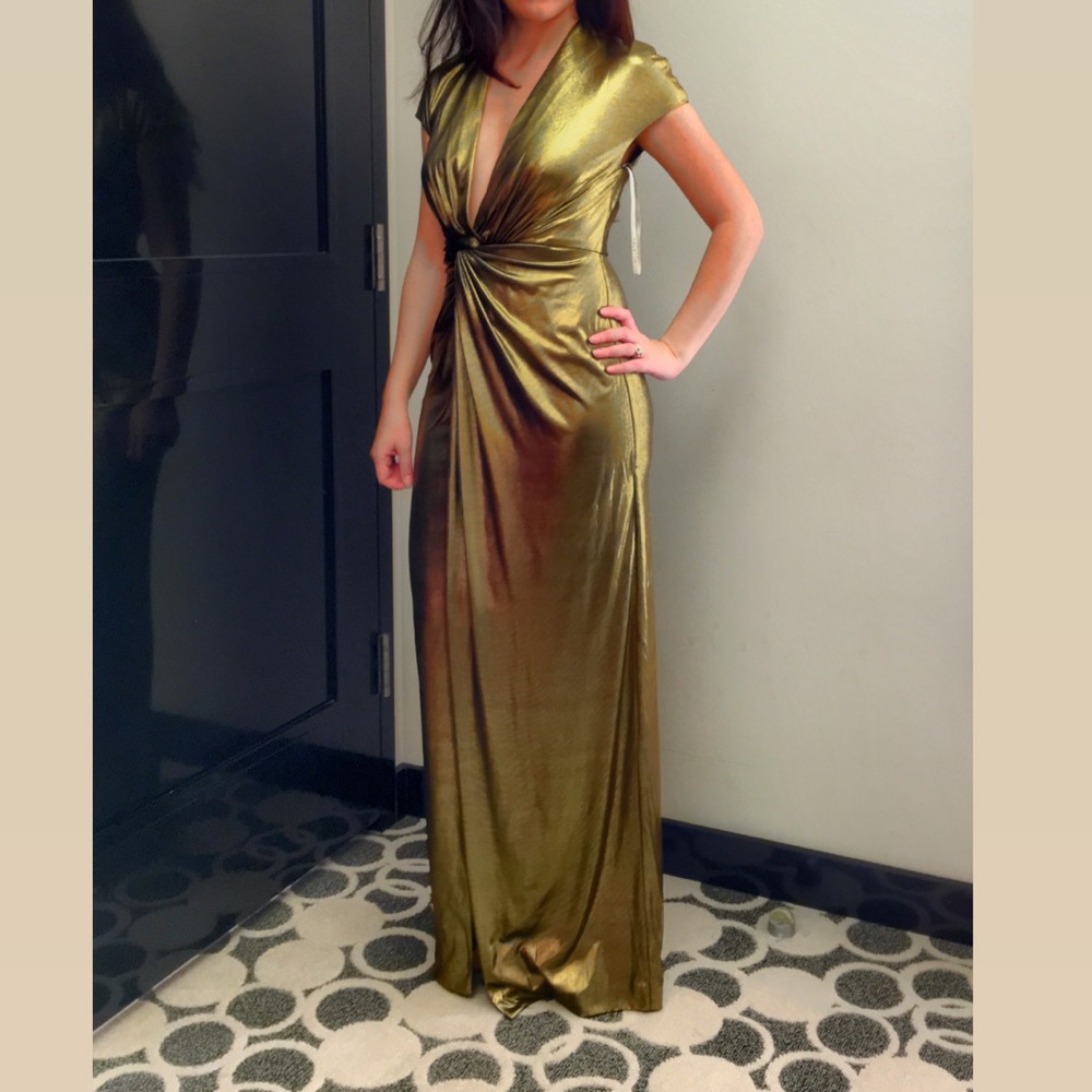 Halston Heritage Cap Sleeve Gown-Gold
